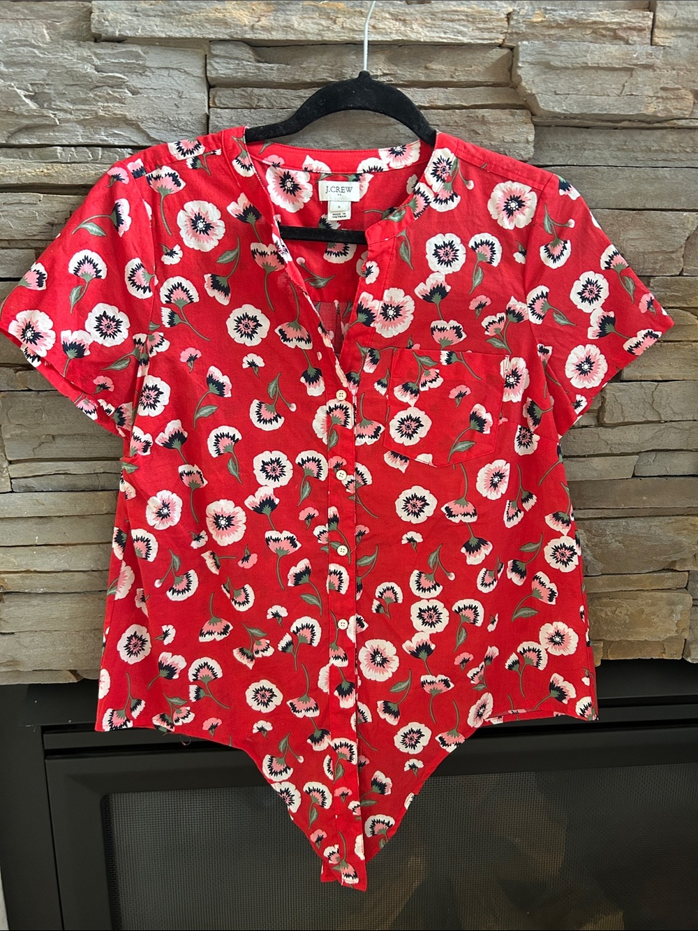 J. Crew Red Floral Button-Front Short Sleeve Shirt